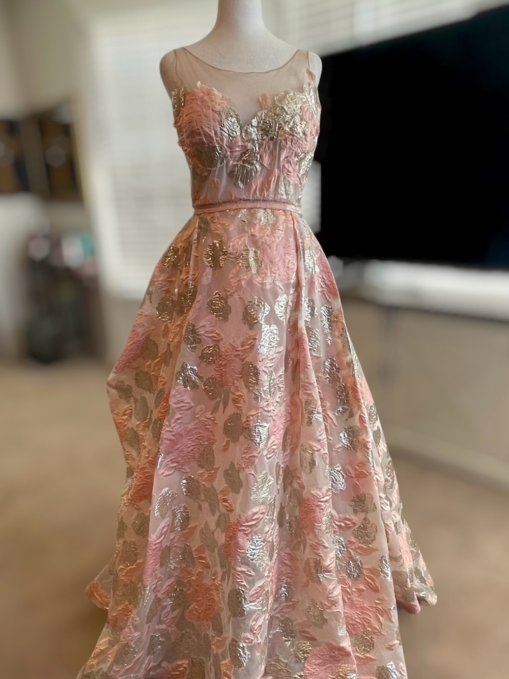 Nicole Bakti Pink and Gold Floral A-Line Wedding Dress